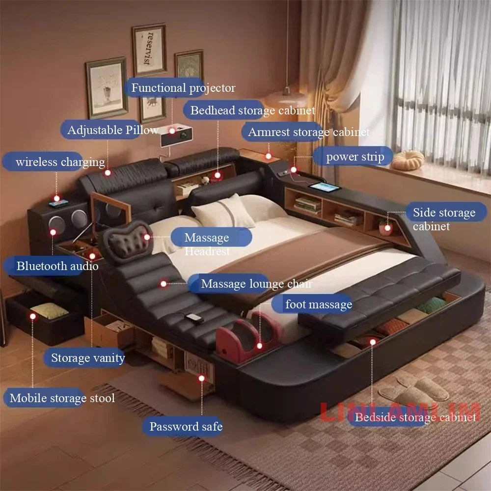 Luxury Tech Smart Multifunctional Bed with Massage Chair, Bluetooth Speakers, Projector, USB – Modern Upholstered King Size Bed