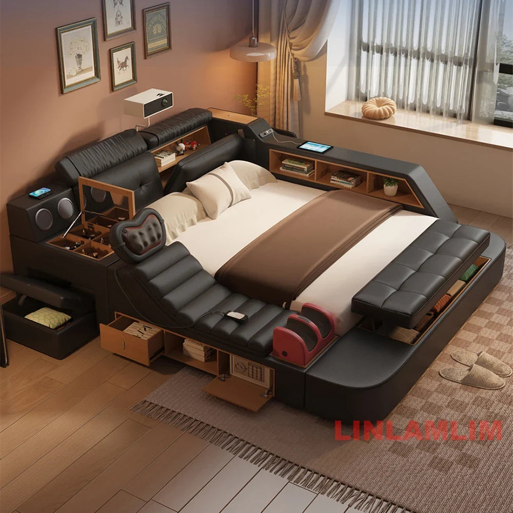 Luxury Tech Smart Multifunctional Bed with Massage Chair, Bluetooth Speakers, Projector, USB – Modern Upholstered King Size Bed