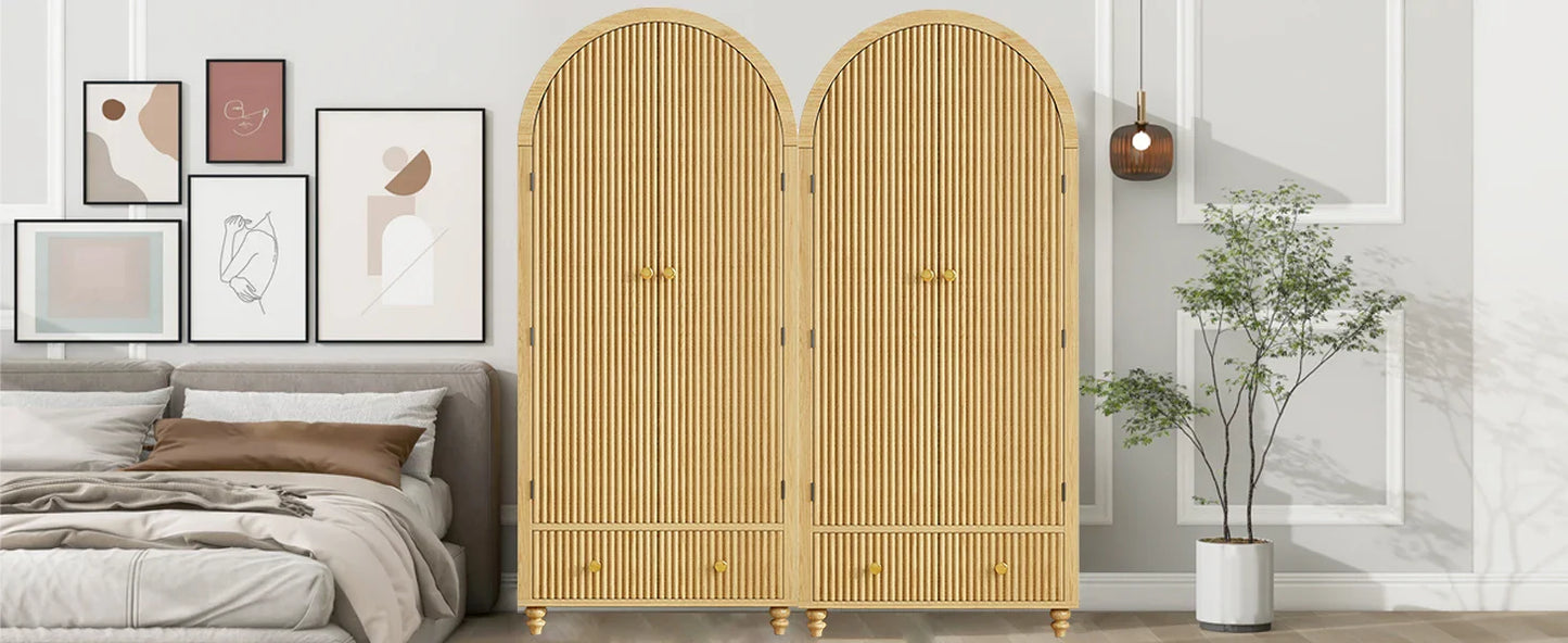 Modern Arched Wooden Storage Cabinet with Fluted Doors, Mid-Century Modern Accent Wardrobe with Gold Knobs