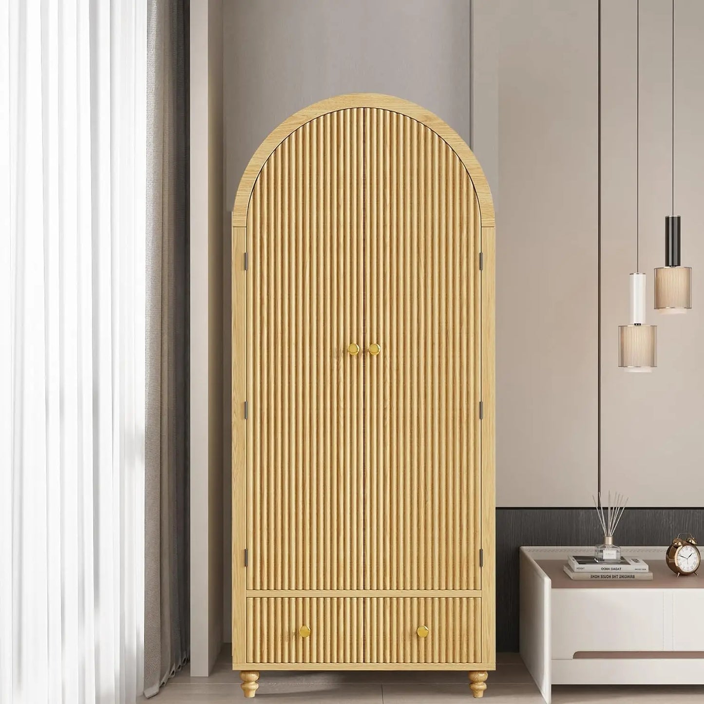 Modern Arched Wooden Storage Cabinet with Fluted Doors, Mid-Century Modern Accent Wardrobe with Gold Knobs