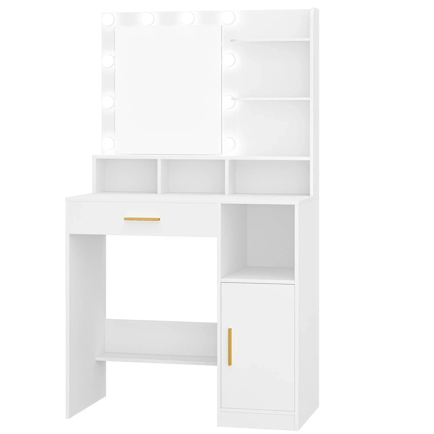 Hzuaneri Dressing Table with Mirror and 10 LED Lights, Vanity Unit with 3 Shelves & 4 Open Compartments, with Large Drawer