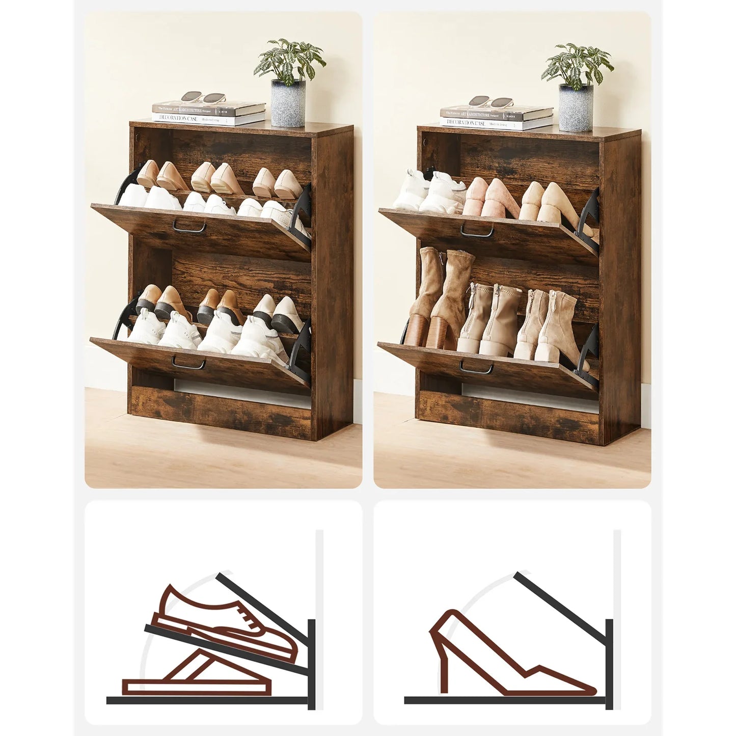 VASAGLE Shoe Cabinet, 2 Flip Doors, Adjustable Divider, 12 Women's or 8 Men's Shoes, Narrow Entrance, 60x24x83.5cm,Rustic Brown