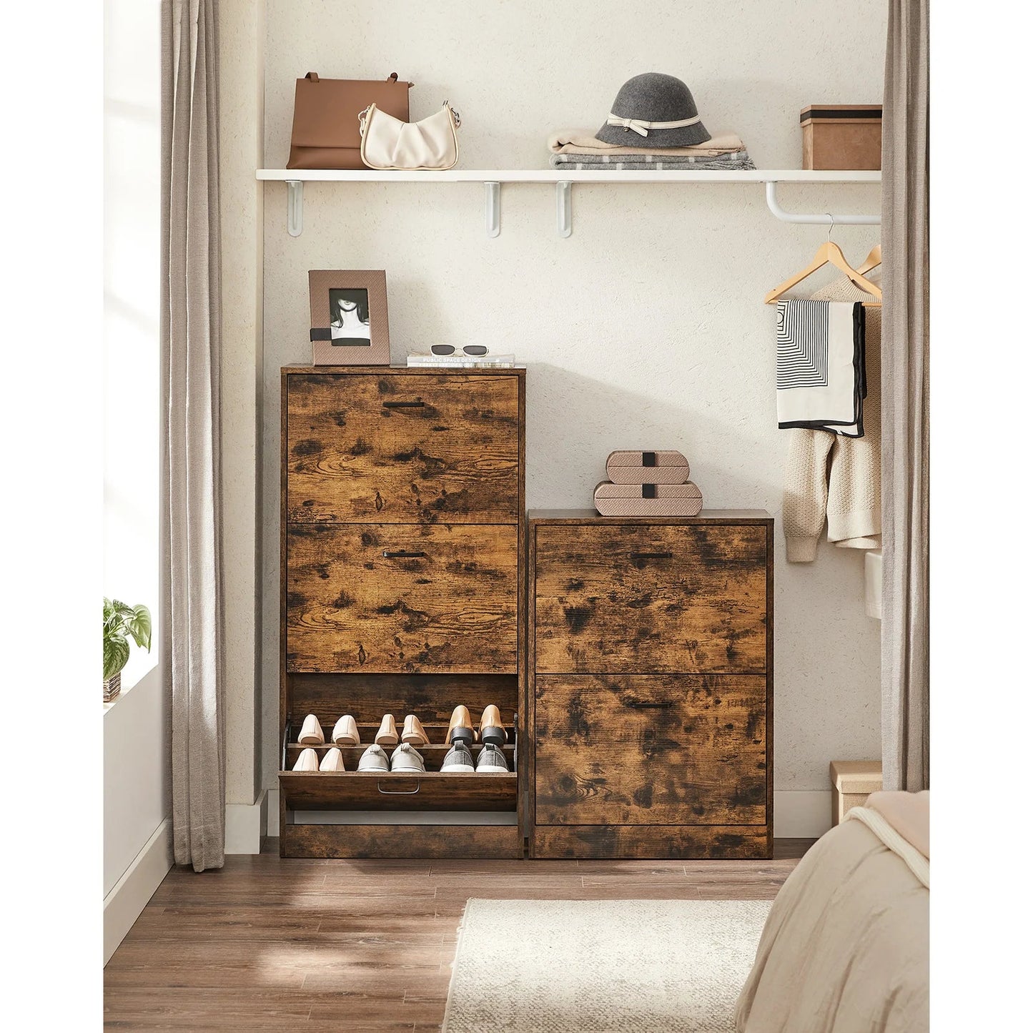 VASAGLE Shoe Cabinet, 2 Flip Doors, Adjustable Divider, 12 Women's or 8 Men's Shoes, Narrow Entrance, 60x24x83.5cm,Rustic Brown