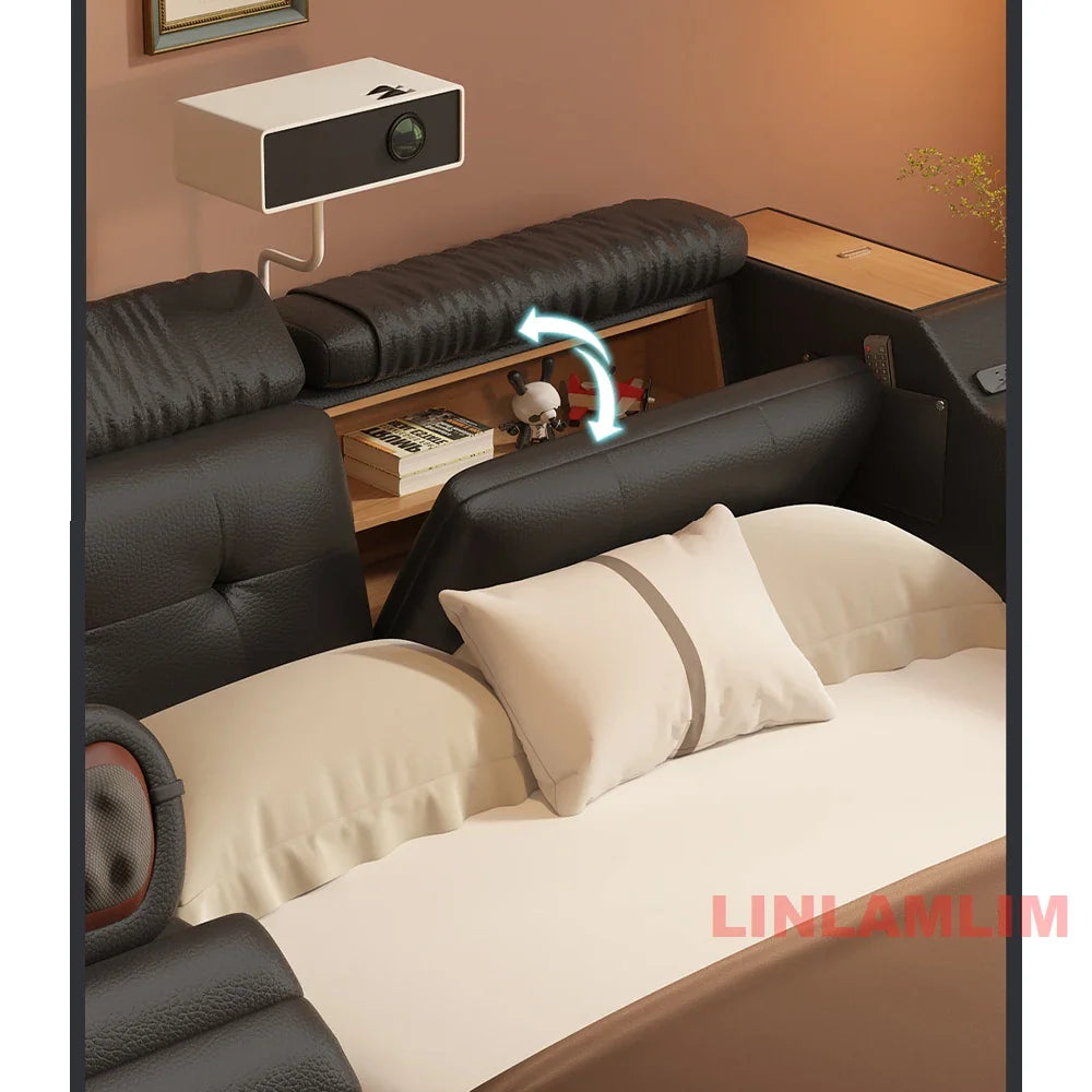 Luxury Tech Smart Multifunctional Bed with Massage Chair, Bluetooth Speakers, Projector, USB – Modern Upholstered King Size Bed
