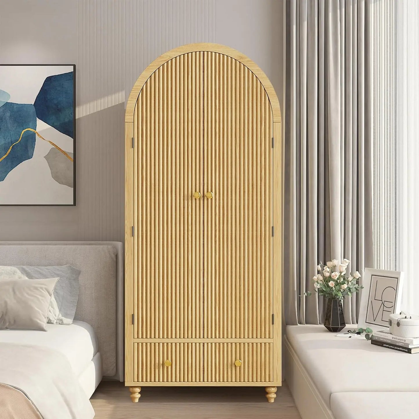 Modern Arched Wooden Storage Cabinet with Fluted Doors, Mid-Century Modern Accent Wardrobe with Gold Knobs