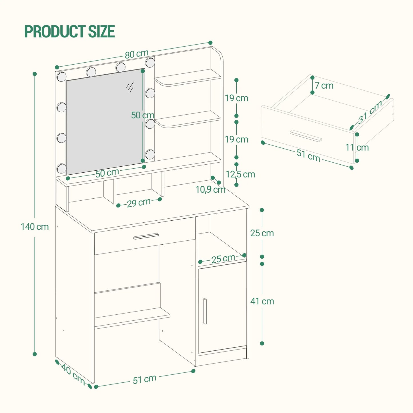 Hzuaneri Dressing Table with Mirror and 10 LED Lights, Vanity Unit with 3 Shelves & 4 Open Compartments, with Large Drawer