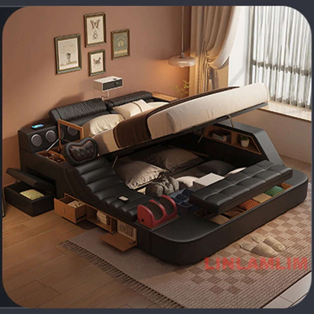 Luxury Tech Smart Multifunctional Bed with Massage Chair, Bluetooth Speakers, Projector, USB – Modern Upholstered King Size Bed