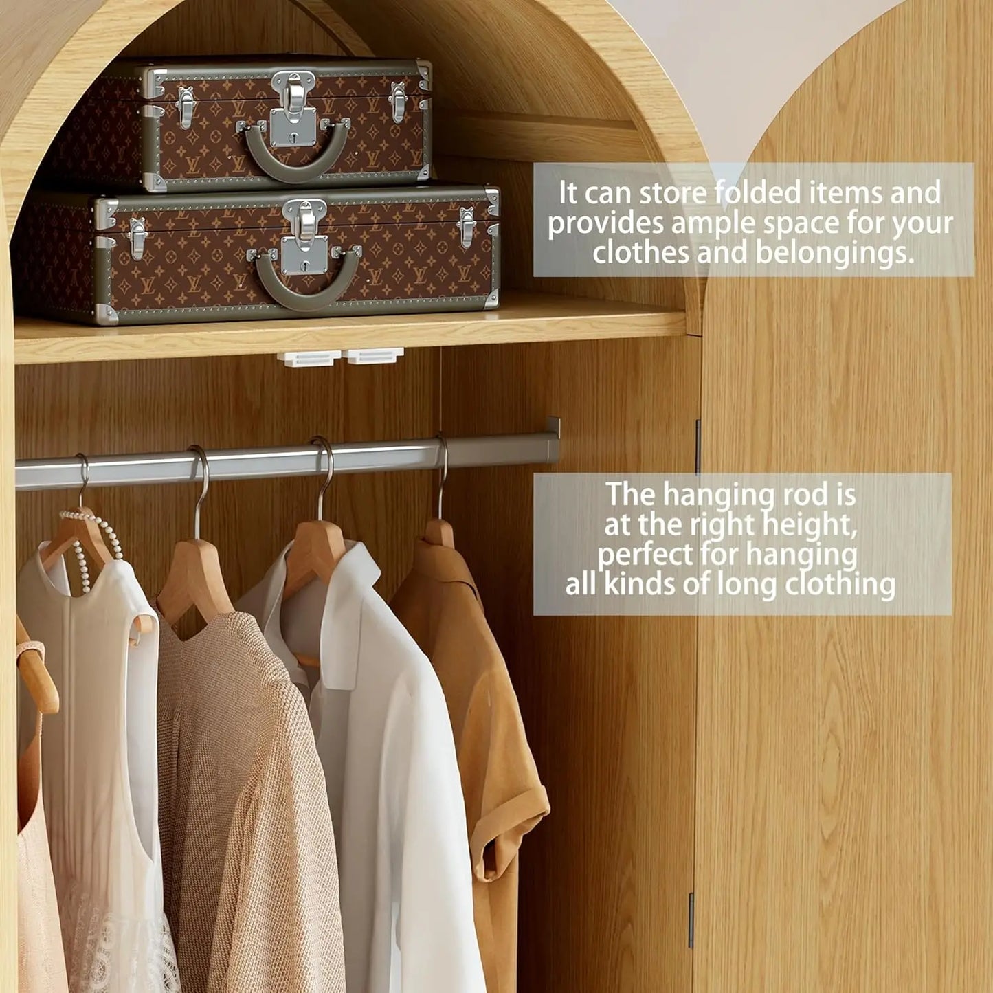 Modern Arched Wooden Storage Cabinet with Fluted Doors, Mid-Century Modern Accent Wardrobe with Gold Knobs