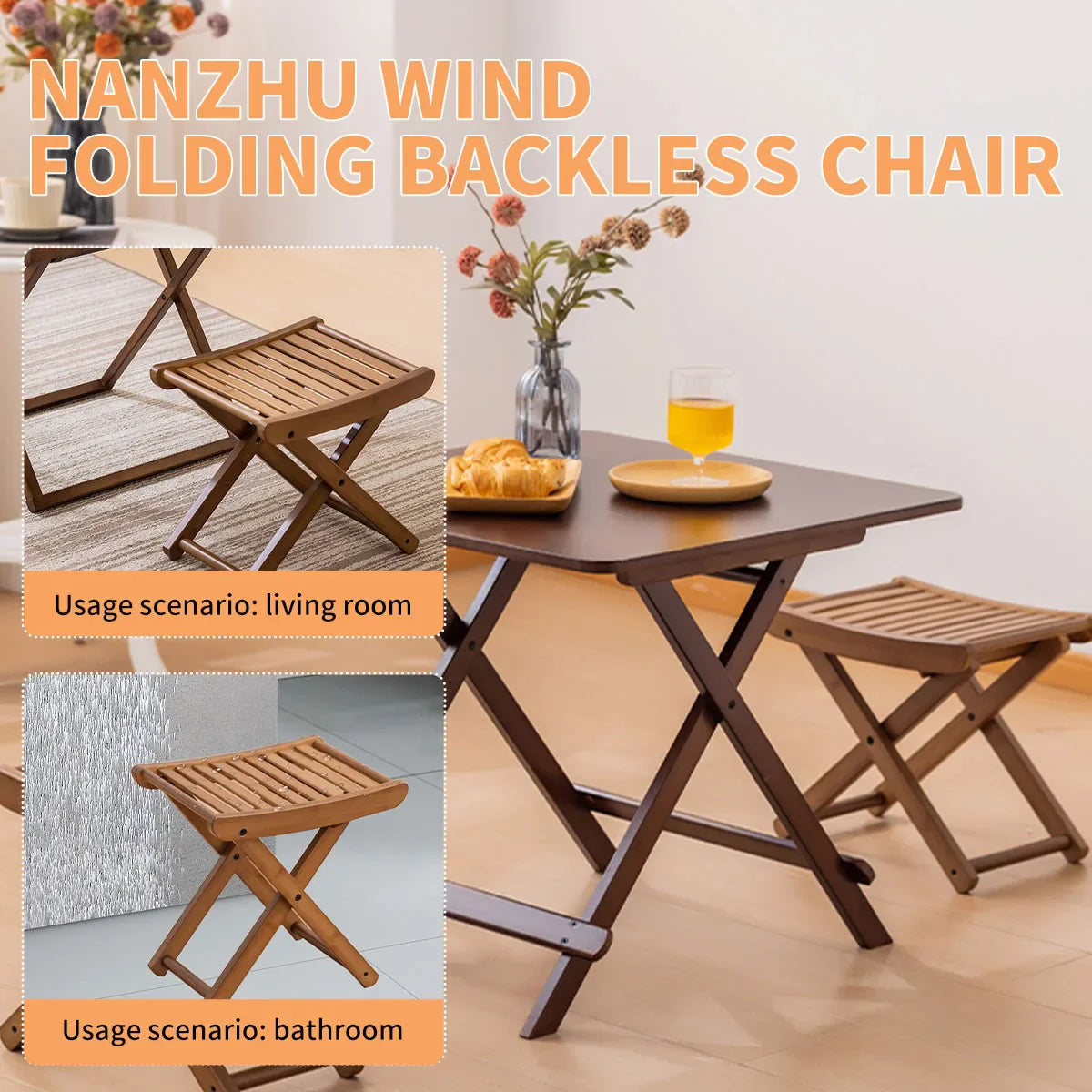 Portable Folding Bamboo Shower Stool - Spa-Style Foldable Bath Seat