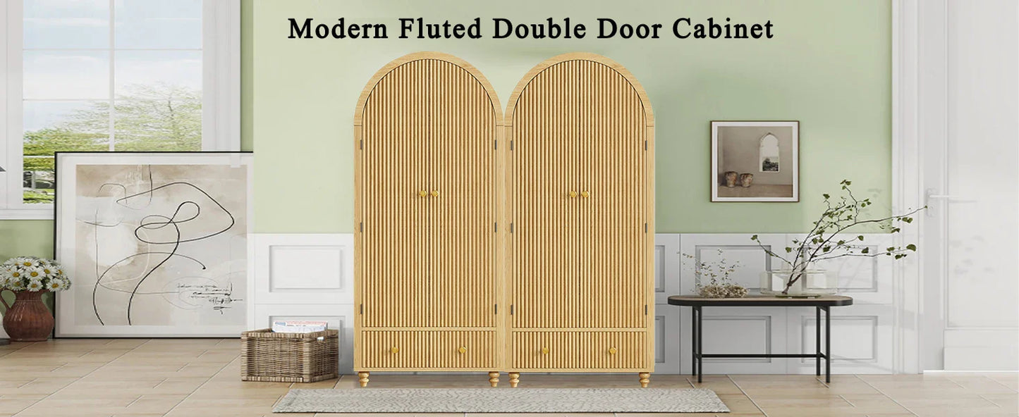 Modern Arched Wooden Storage Cabinet with Fluted Doors, Mid-Century Modern Accent Wardrobe with Gold Knobs