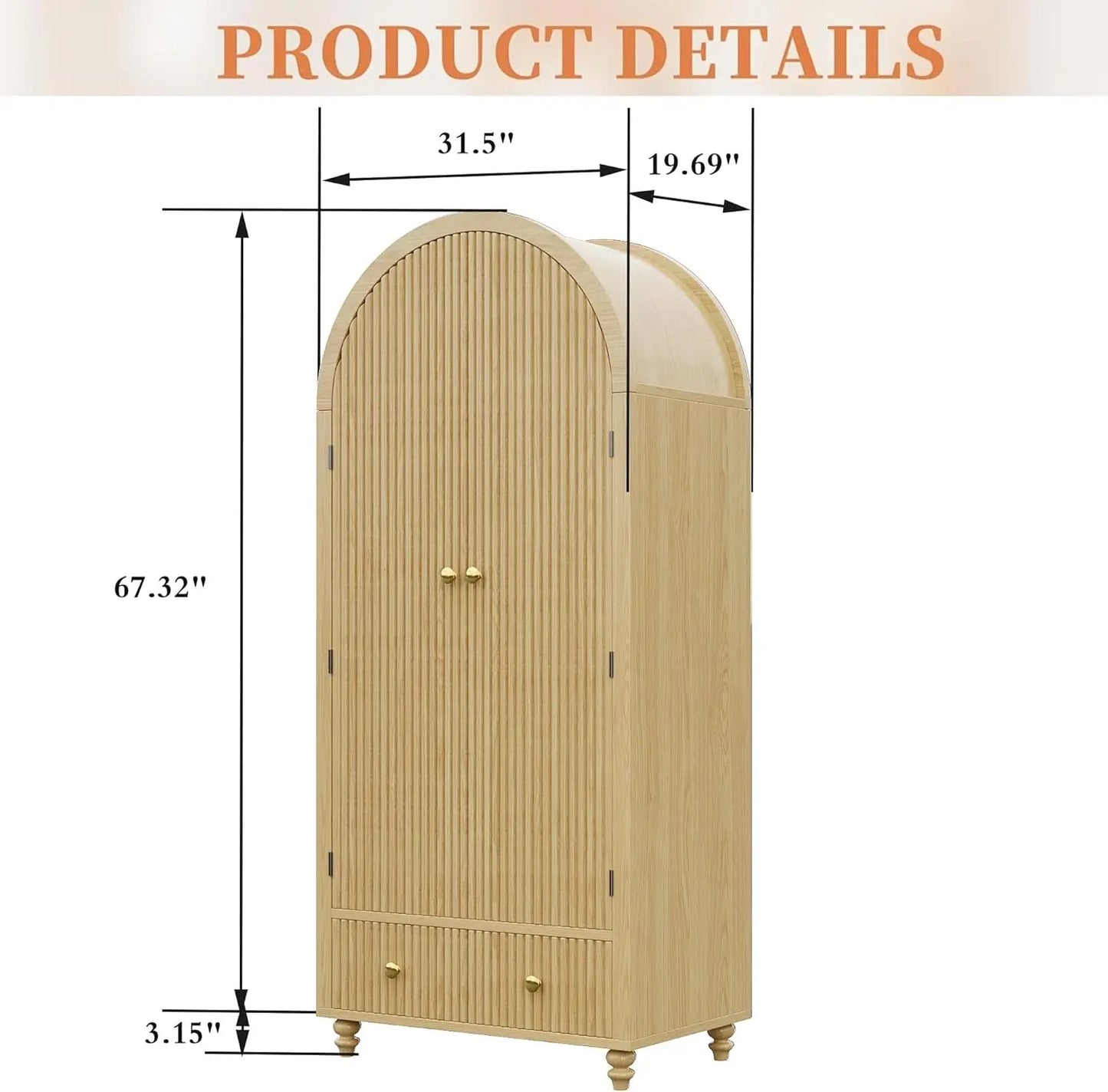 Modern Arched Wooden Storage Cabinet with Fluted Doors, Mid-Century Modern Accent Wardrobe with Gold Knobs