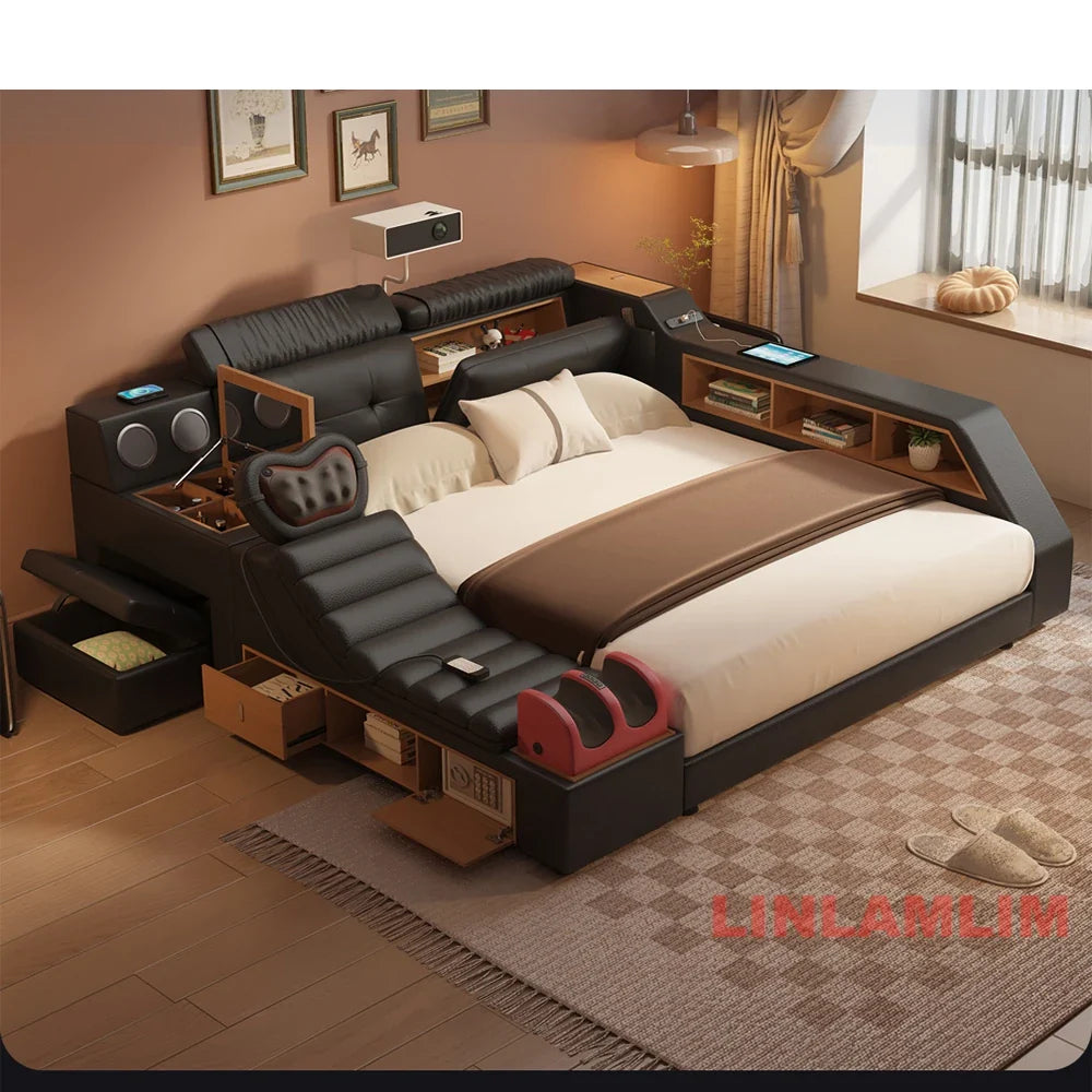 Luxury Tech Smart Multifunctional Bed with Massage Chair, Bluetooth Speakers, Projector, USB – Modern Upholstered King Size Bed