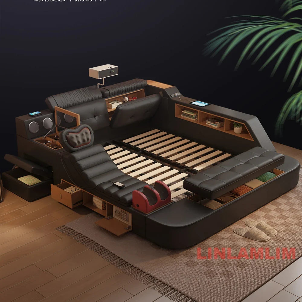 Luxury Tech Smart Multifunctional Bed with Massage Chair, Bluetooth Speakers, Projector, USB – Modern Upholstered King Size Bed