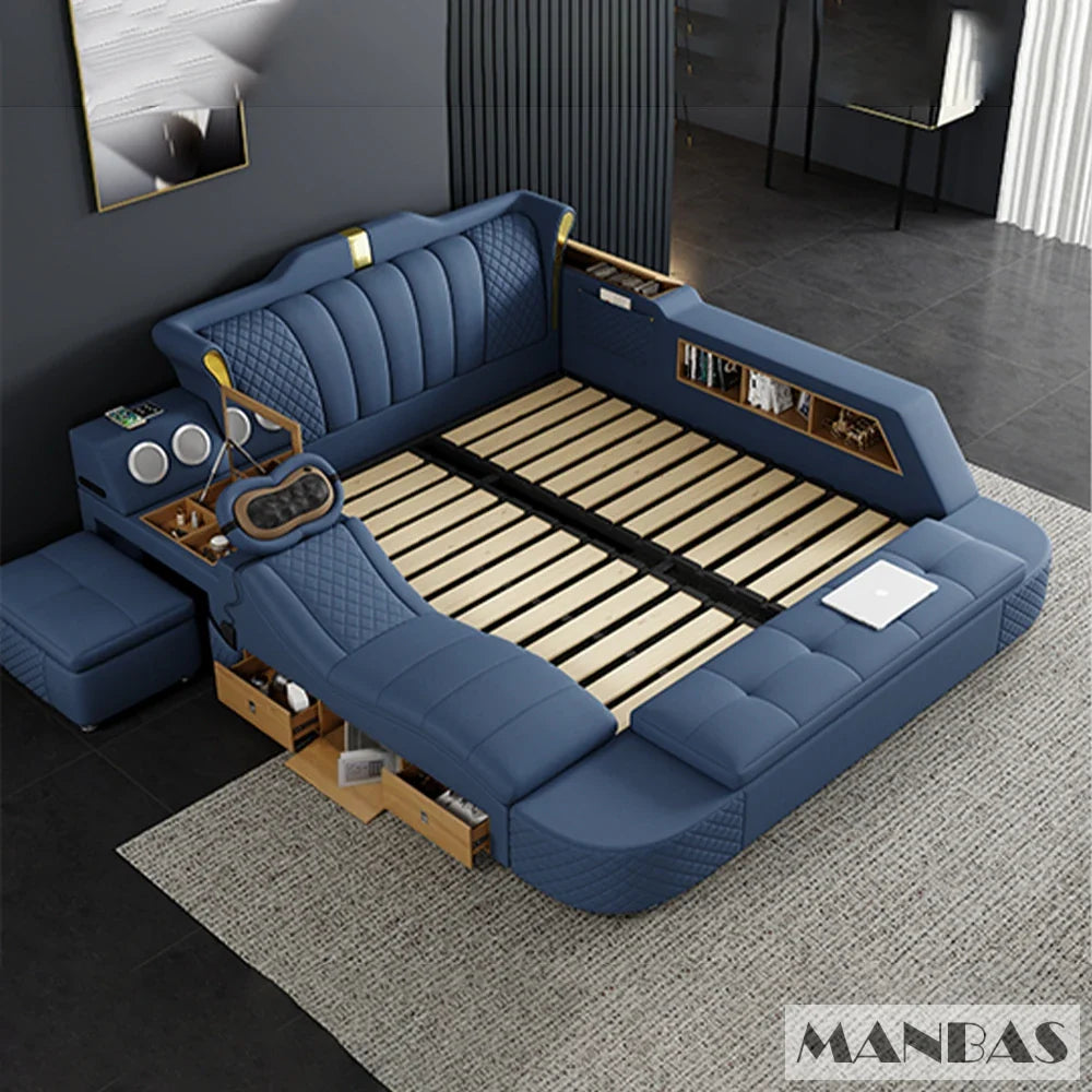Tech Smart Bed 2 People with King Size Bed Frame Queen, Genuine Leather, Massage, USB, Bluetooth Speaker, and Safe By MINGDIBAO