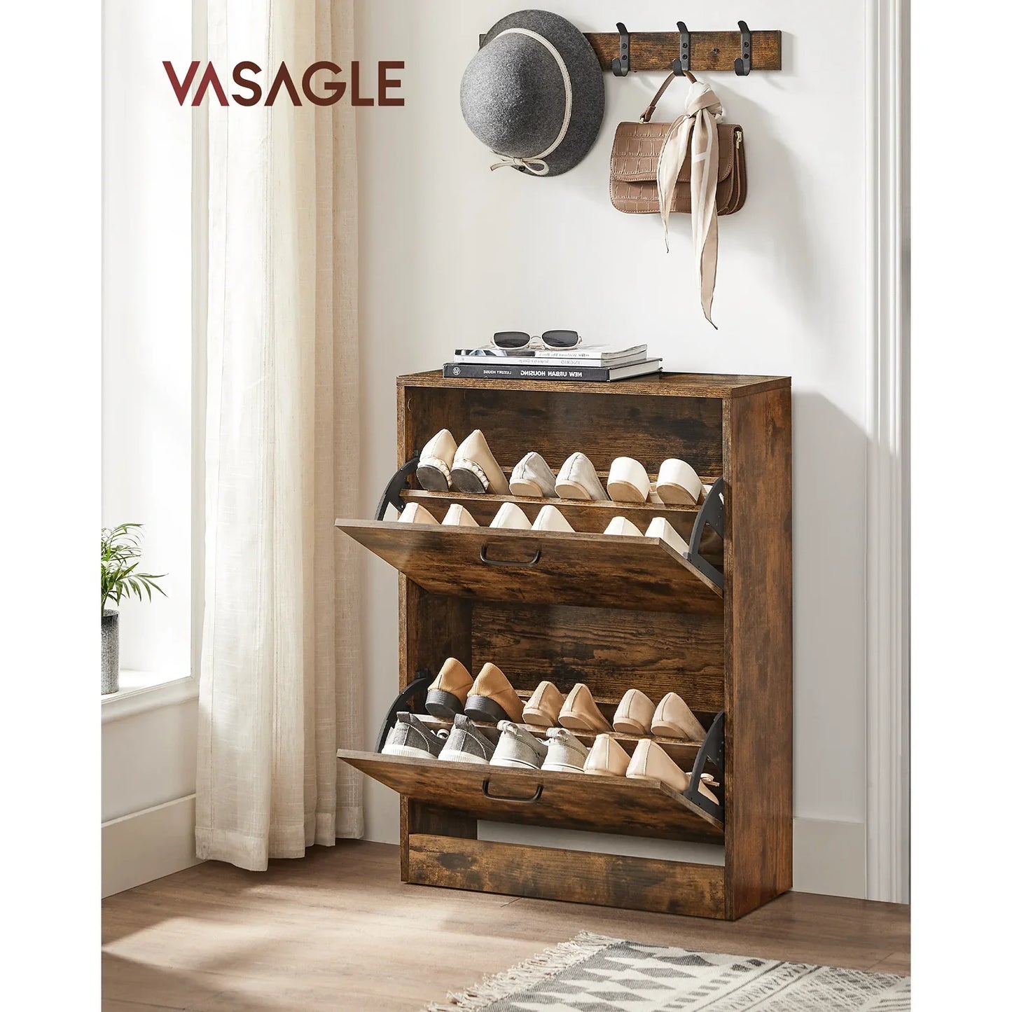 VASAGLE Shoe Cabinet, 2 Flip Doors, Adjustable Divider, 12 Women's or 8 Men's Shoes, Narrow Entrance, 60x24x83.5cm,Rustic Brown