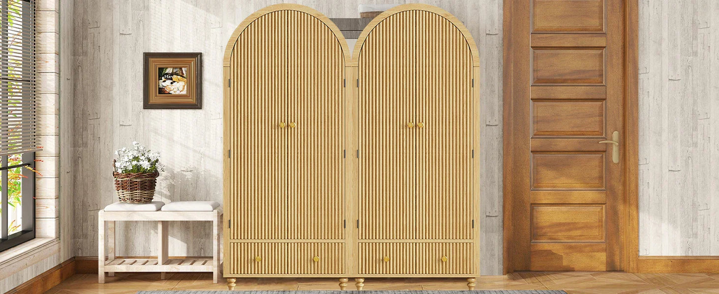 Modern Arched Wooden Storage Cabinet with Fluted Doors, Mid-Century Modern Accent Wardrobe with Gold Knobs