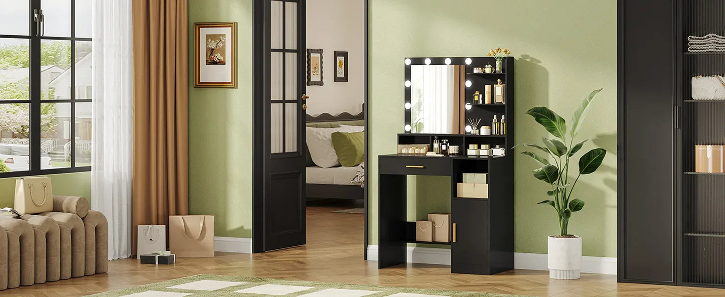 Hzuaneri Dressing Table with Mirror and 10 LED Lights, Vanity Unit with 3 Shelves & 4 Open Compartments, with Large Drawer