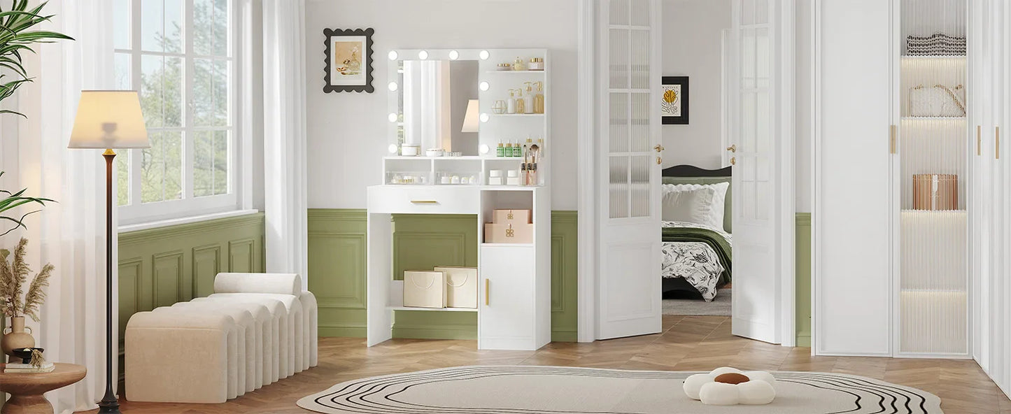 Hzuaneri Dressing Table with Mirror and 10 LED Lights, Vanity Unit with 3 Shelves & 4 Open Compartments, with Large Drawer