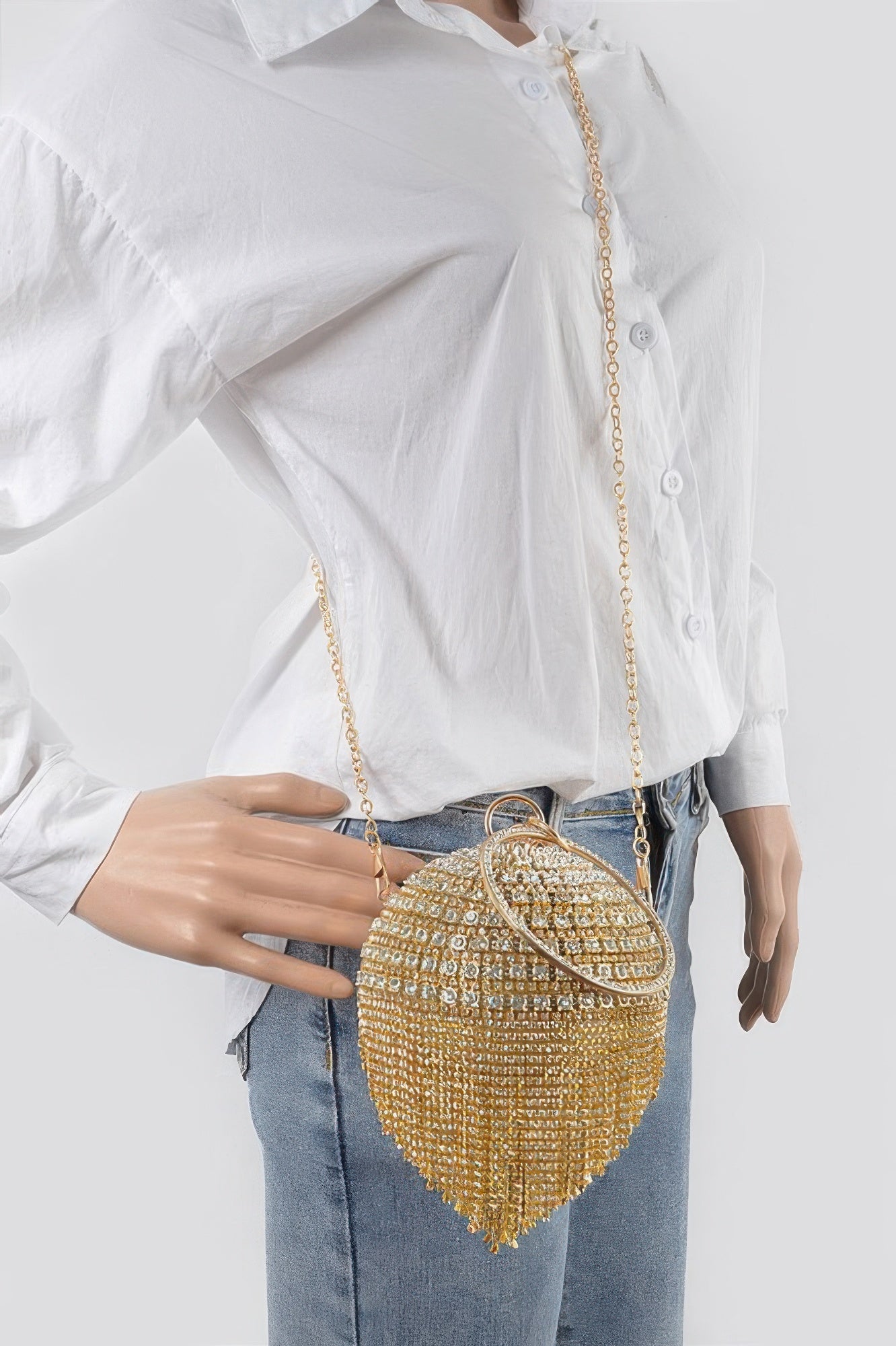 Round Rhinestone Fringe Bag W Faux Pearl