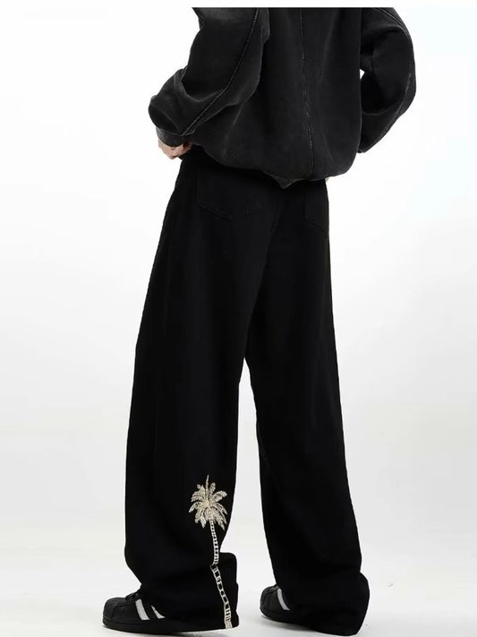 Men's Embroidered Palm Tree Wide Leg Jeans