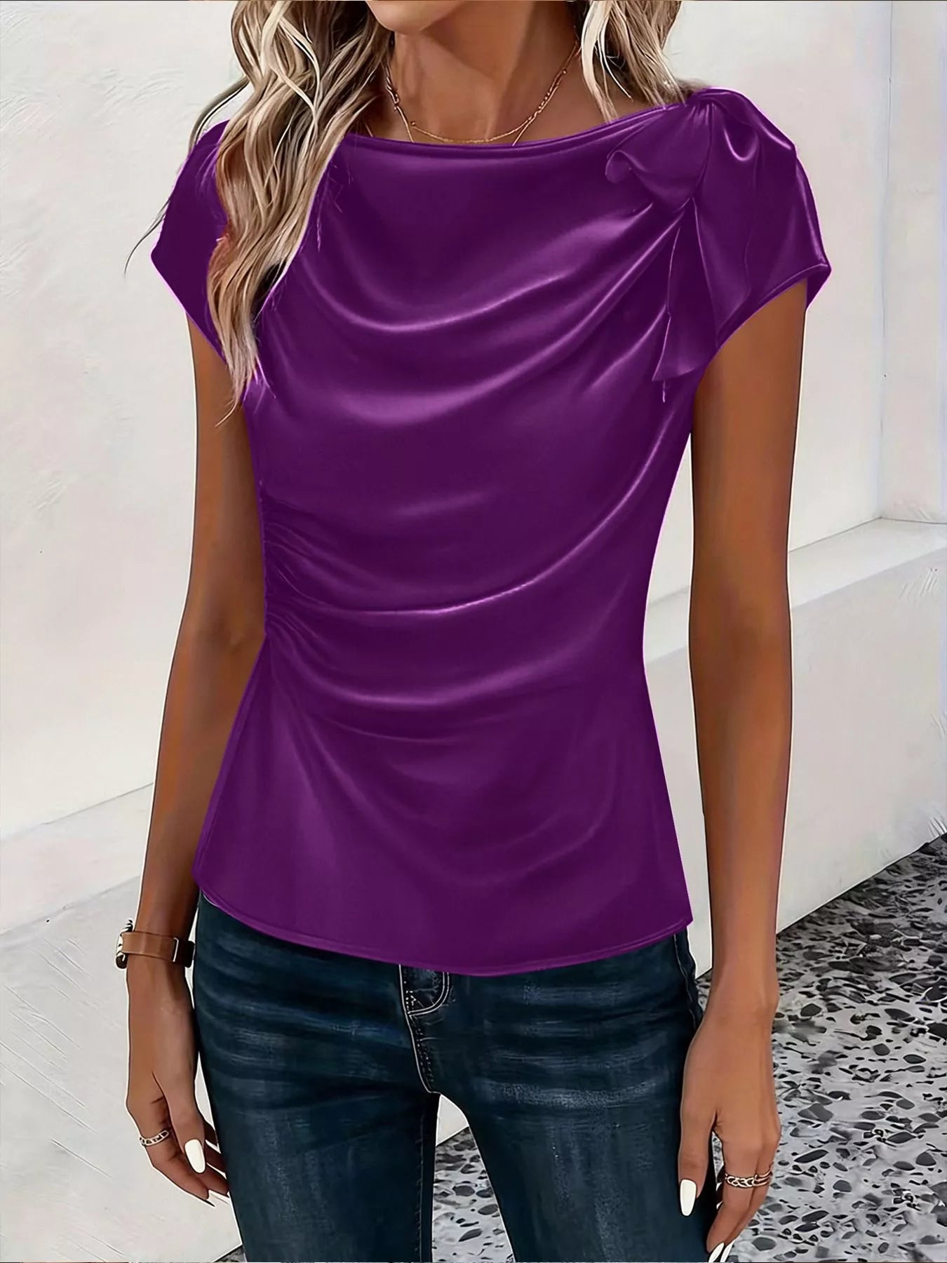 Ruched Short Sleeve Satin Top