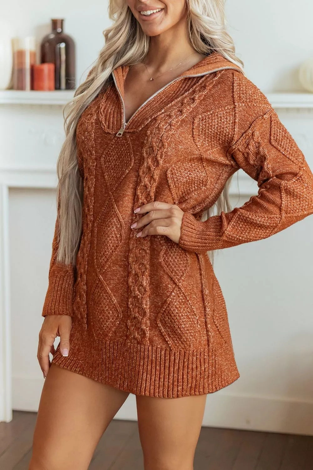 Zip-Up Cable Knit Drop Shoulder Sweater Dress