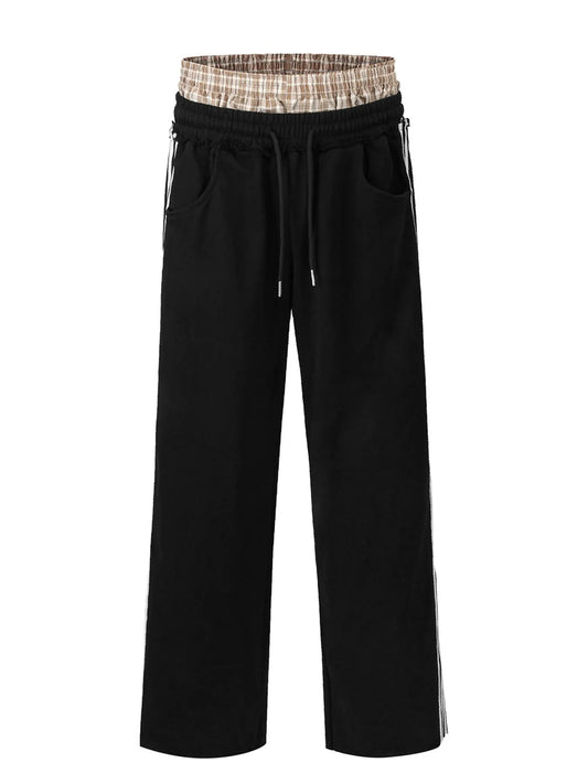 Men's Contrast Plaid Waistband Drawstring Wide Leg Pants
