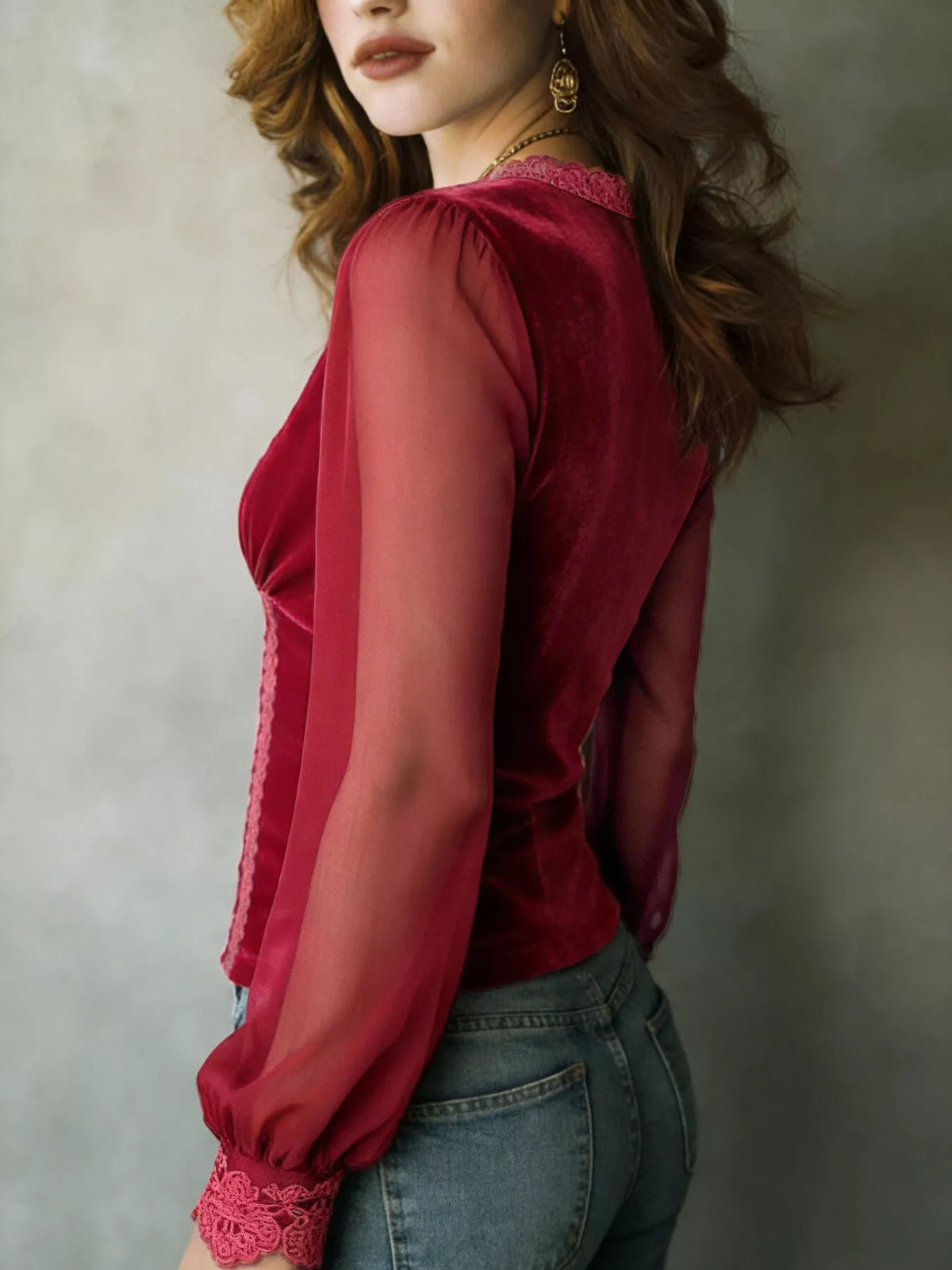 Lace Trim Sheer Long Sleeve Blouse