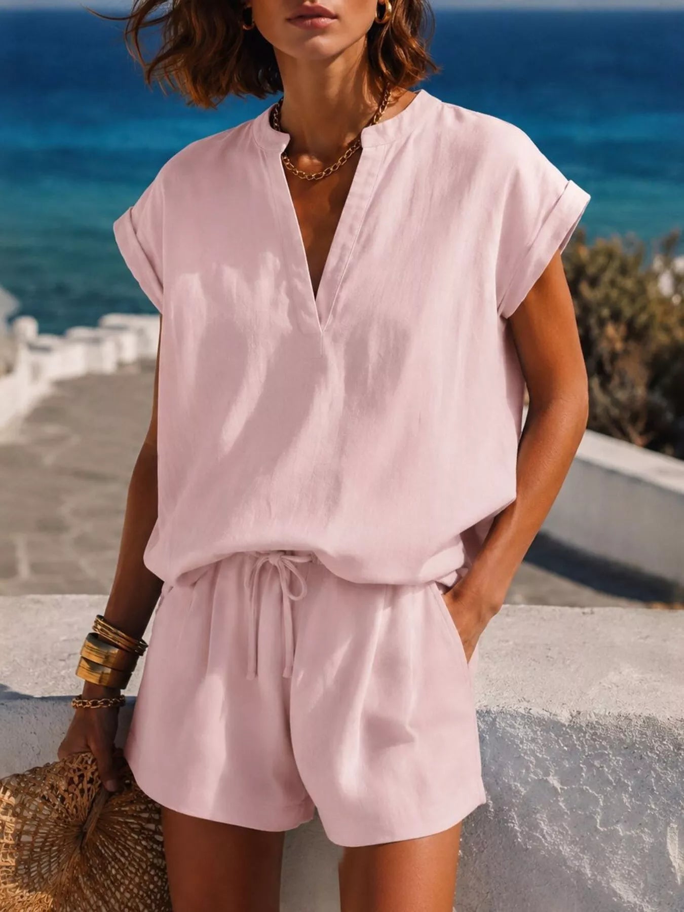 Notched Short Sleeve Top and Shorts Set