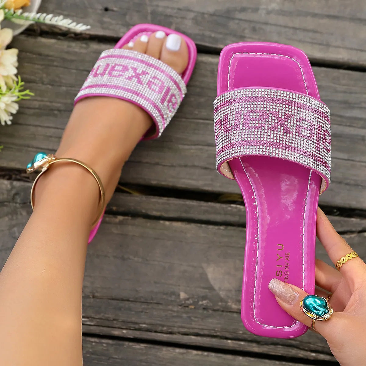 Rhinestone Open Toe Flats Sandals
