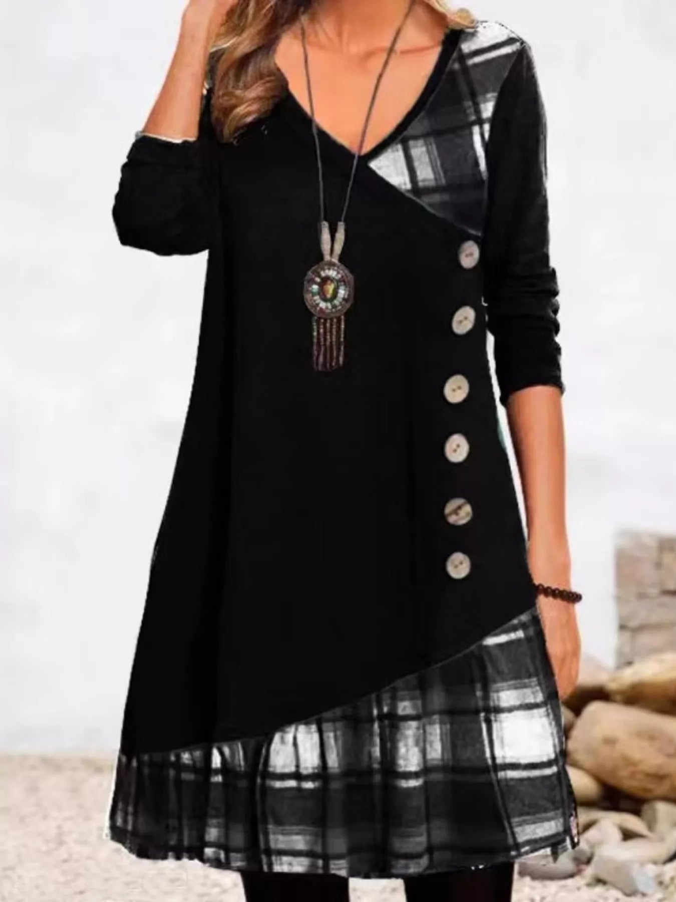 Full Size Asymmetrical Plaid Patchwork Long Sleeve Dress Plus Size