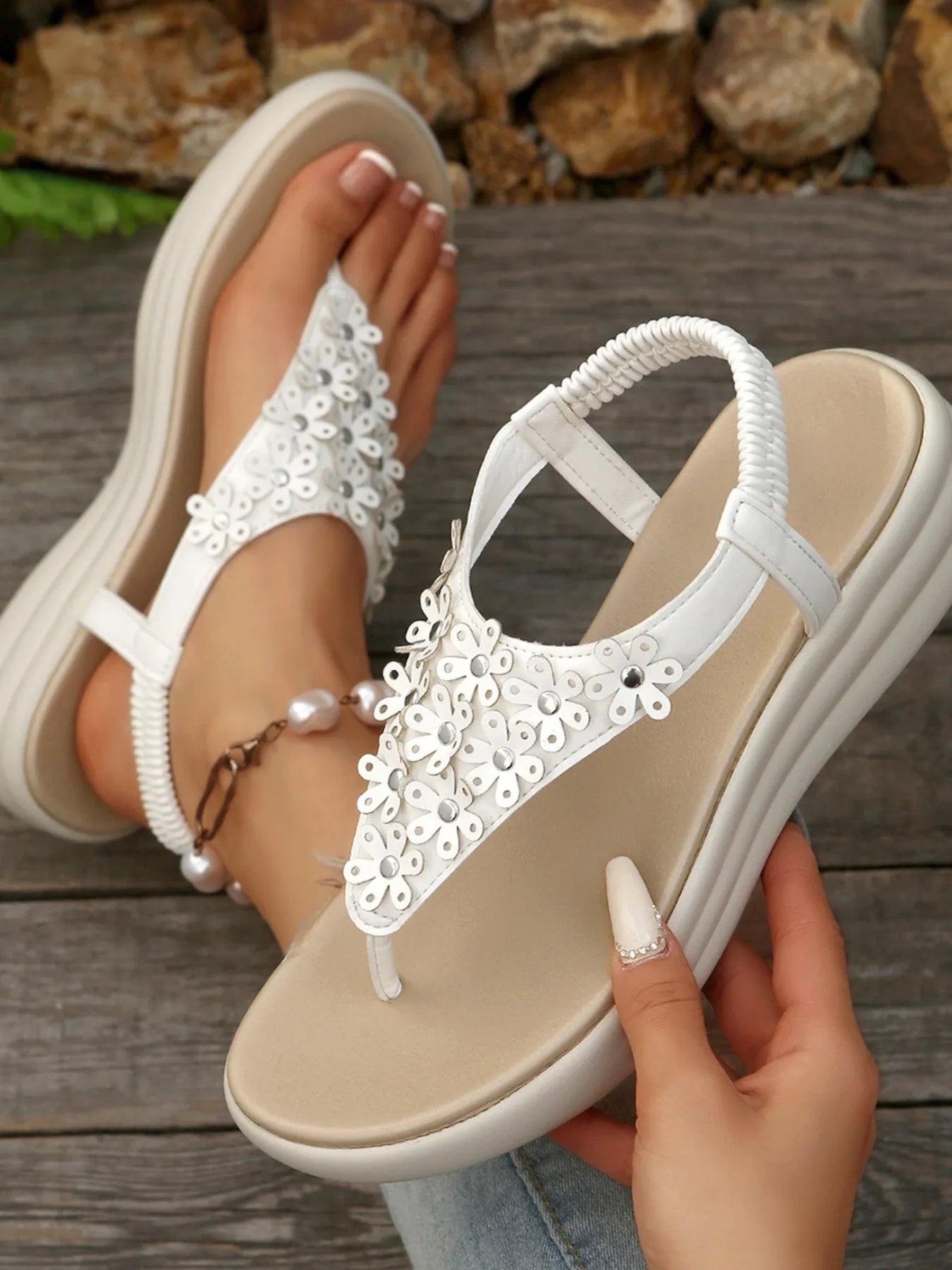Studded T-Strap Wedge Sandals