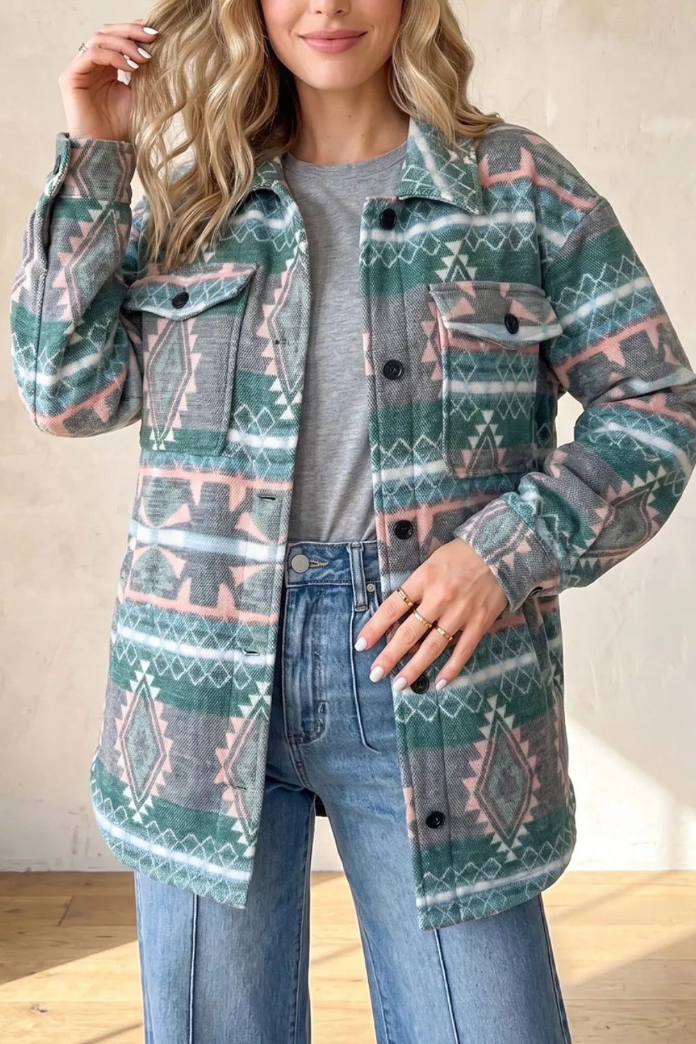 Geometric Print Button Front Long Sleeve Shacket