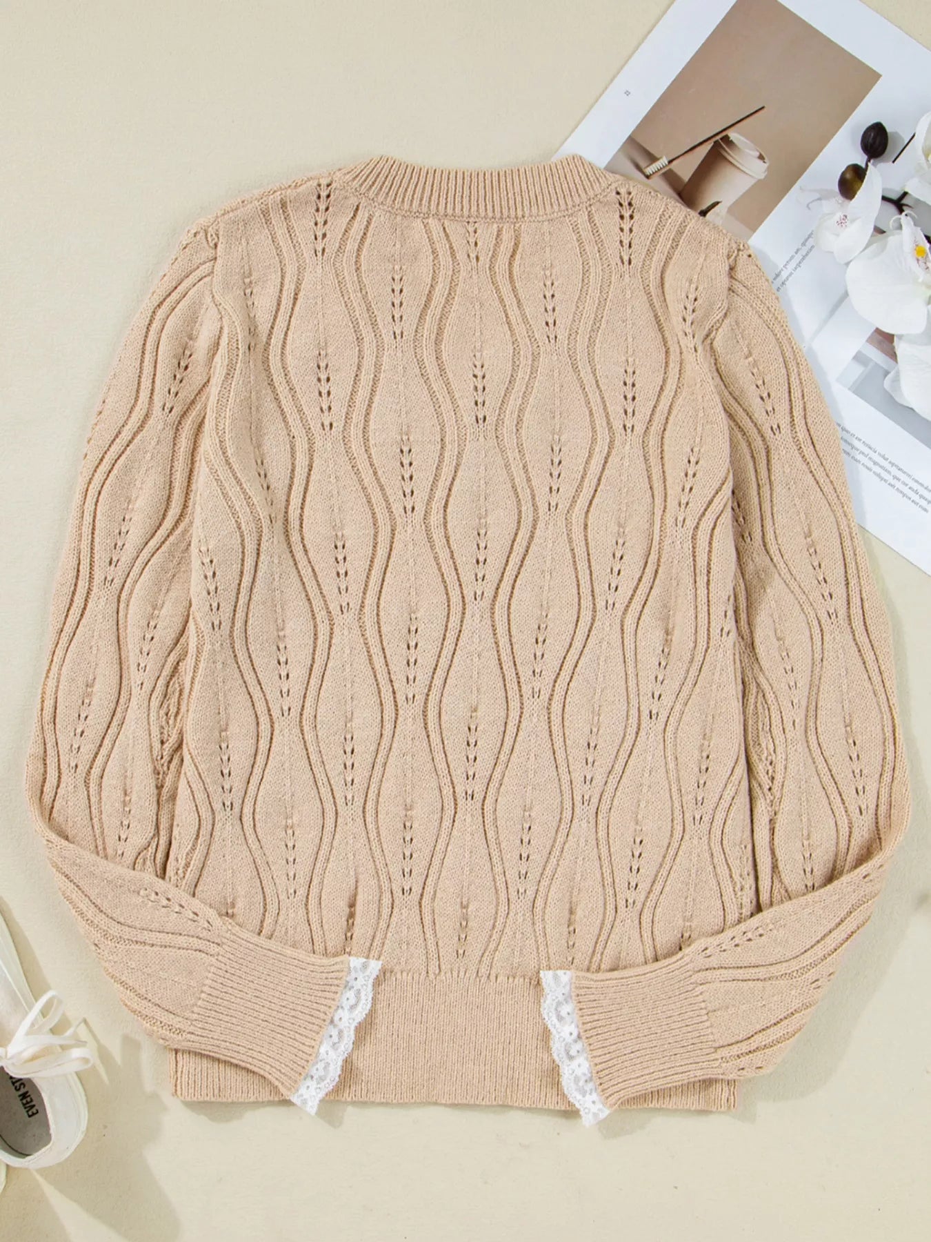 Elegant Pearl Embellished Sweater with Lace Detail