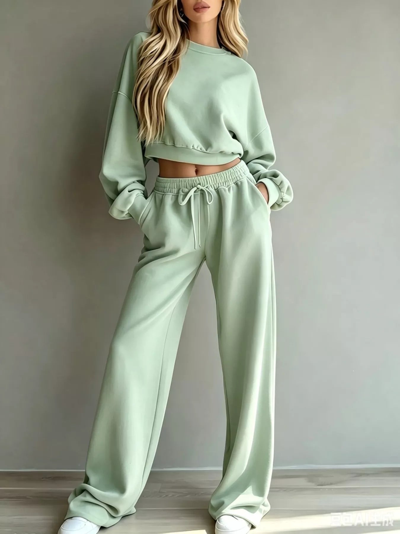 Round Neck Cropped Sweatshirt and Wide-Leg Pants Set