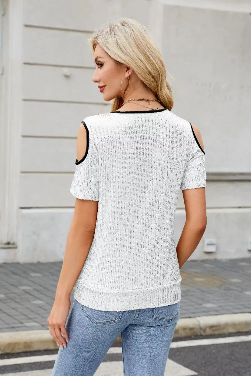 Sequin Crisscross V-Neck Cold Shoulder Blouse
