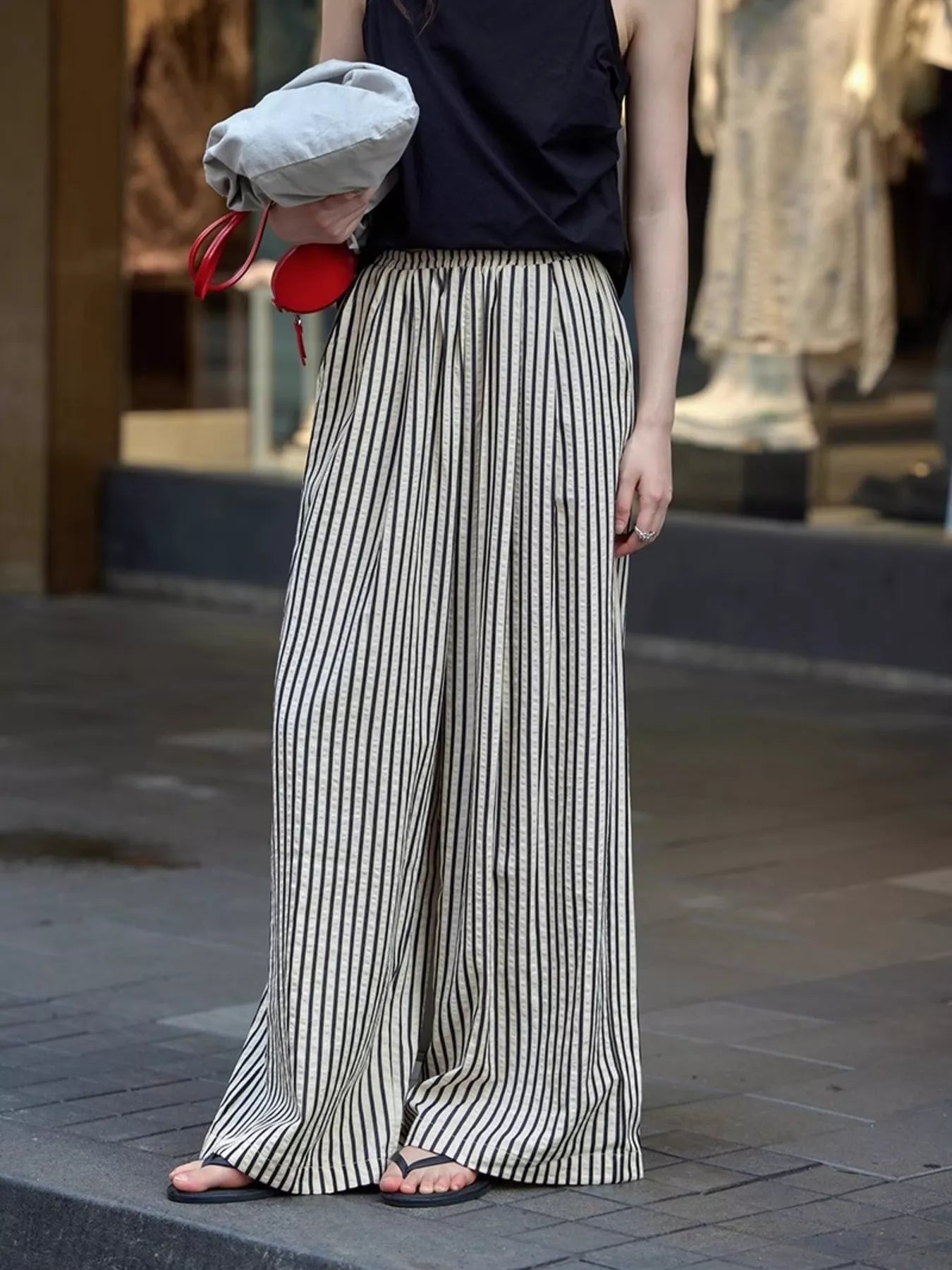 Full Size Striped Drawstring Waist Wide Leg Pants Plus Size