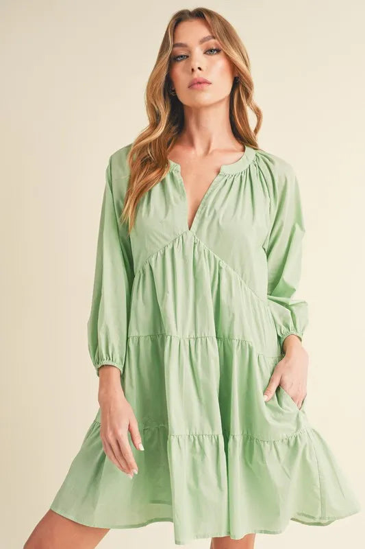 Aemi + Co Notched Balloon Sleeve Tiered Mini Dress