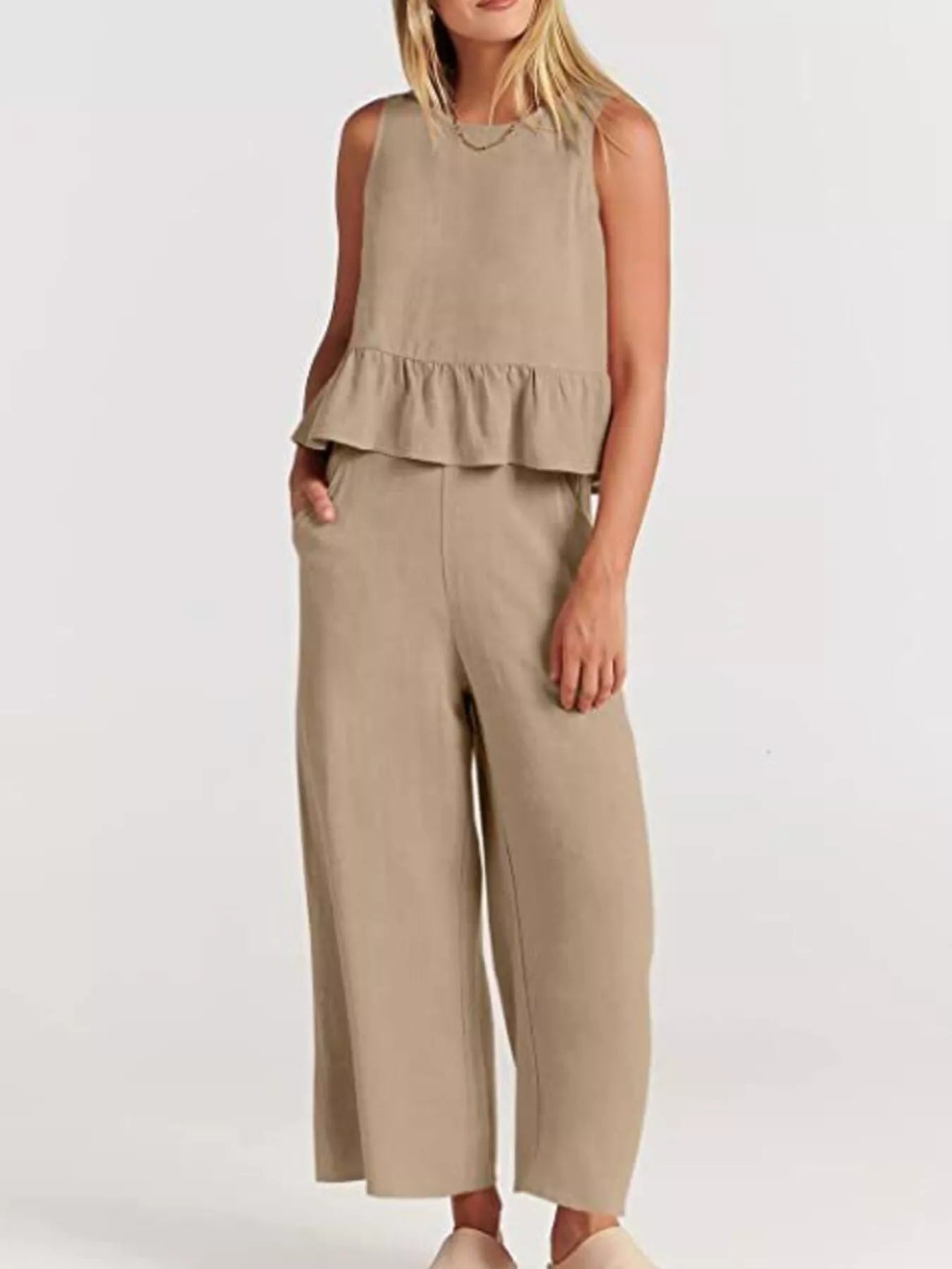 Full Size Ruffled Hem Sleeveless Top and Wide-Leg Pants Set Plus Size