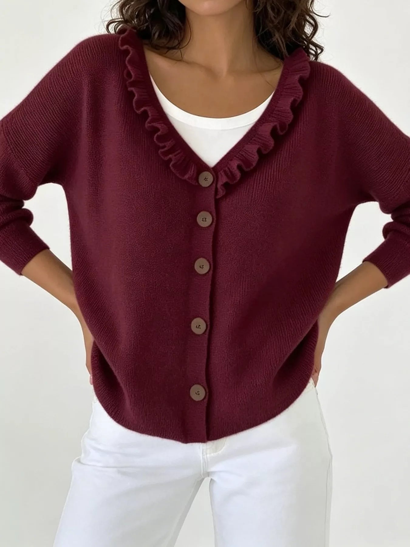 Ruffled Neckline Button-Up Cardigan