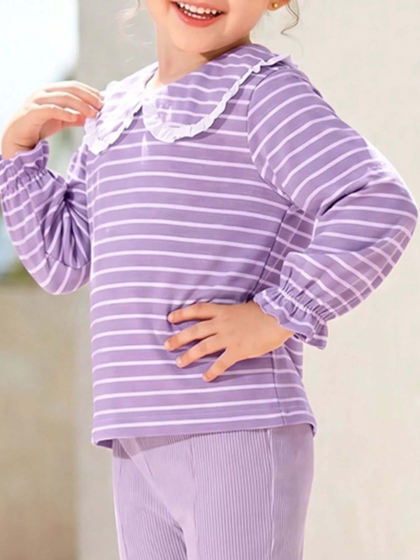 Children's Striped Peter Pan Collar Top and Flared Pants Set