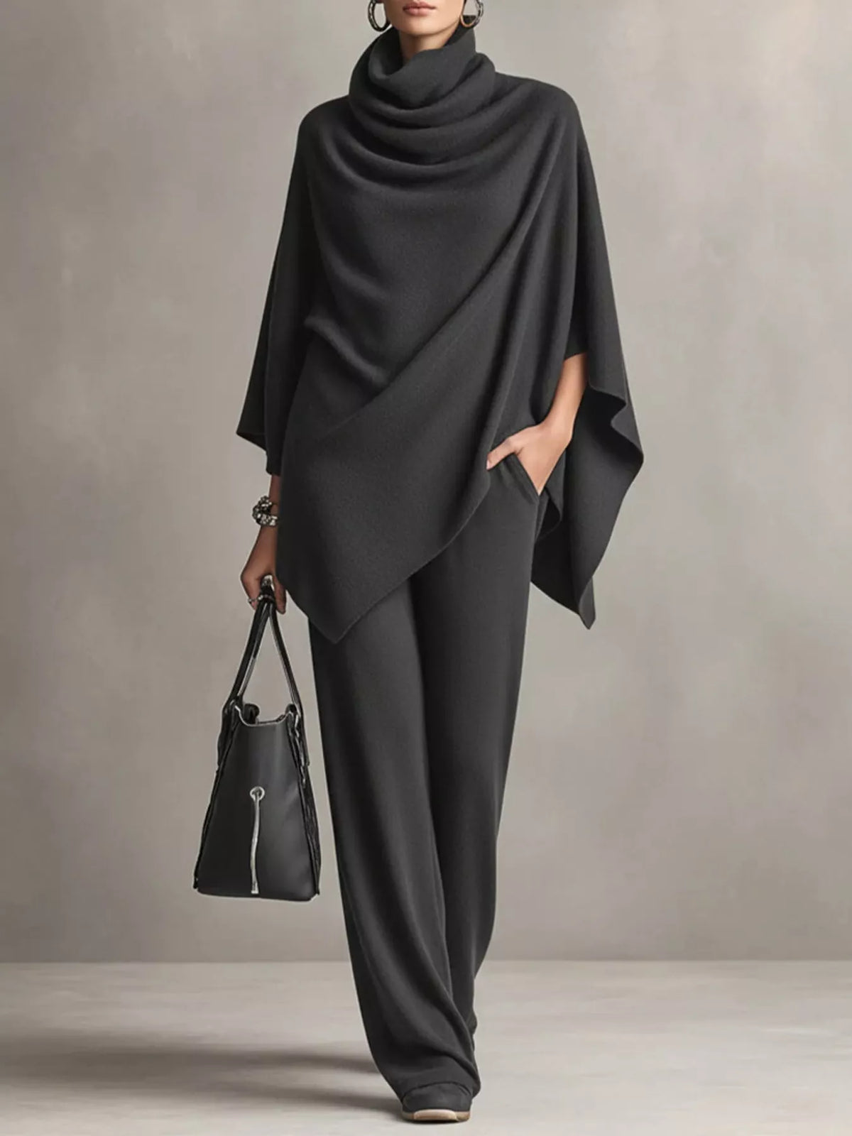 Full Size Turtleneck Poncho and Wide-Leg Pants Set Plus Size