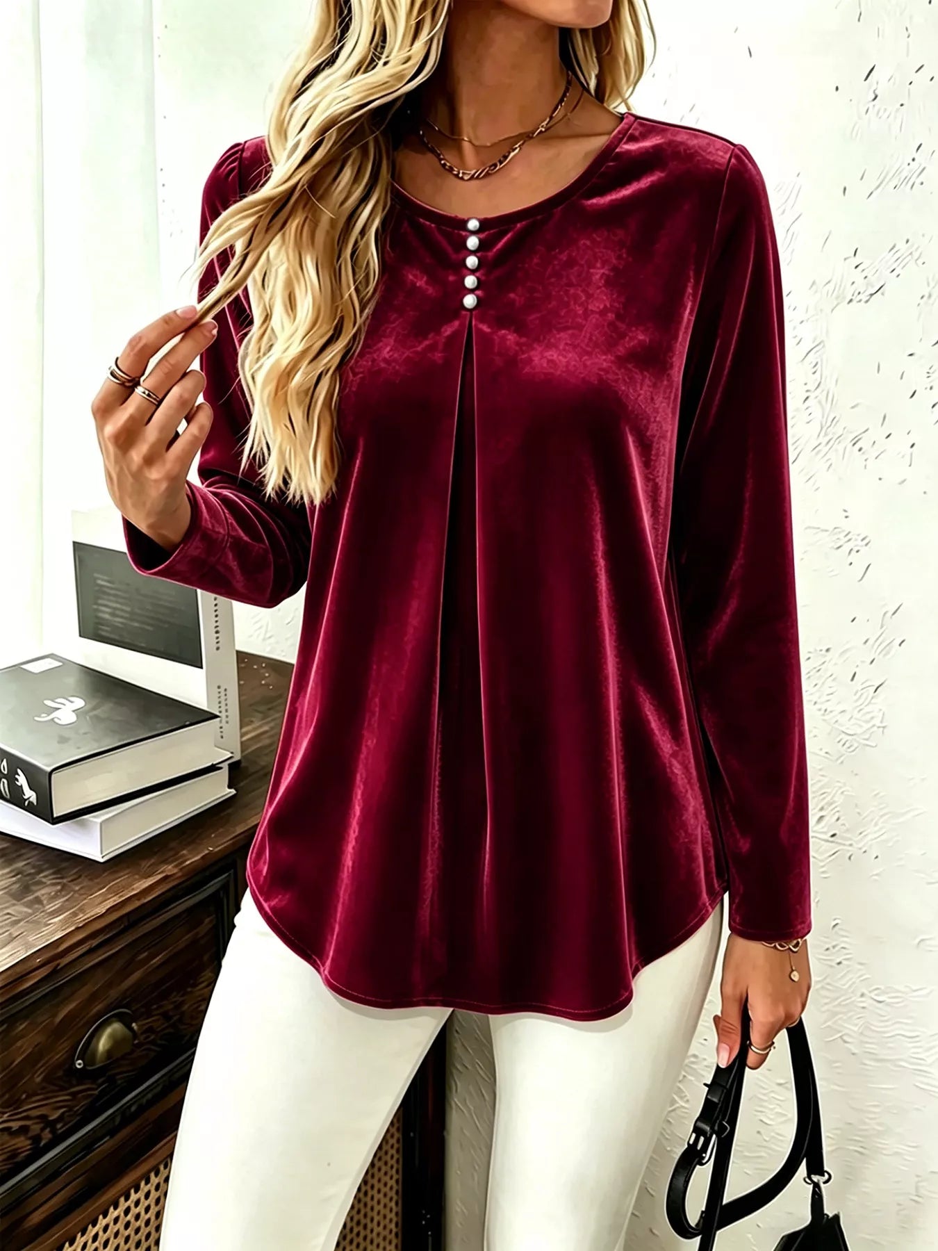 Velvet Long Sleeve Ruched Top