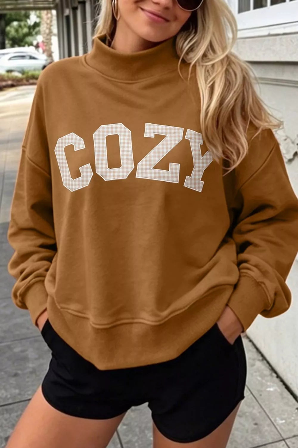 Gingham Letter Mock Neck Sweatshirt