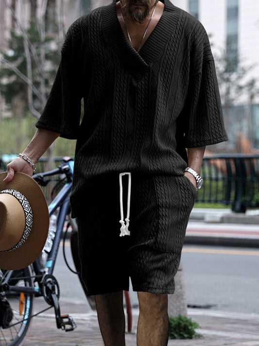 Men's Full Size Casual Knit V-Neck Short Sleeve Top and Shorts Set Plus Size