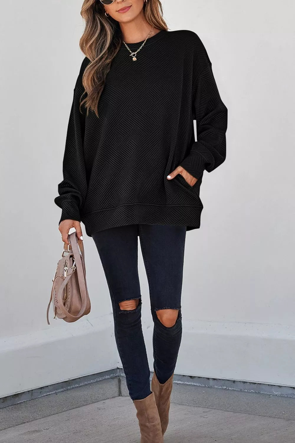 Solid Color Textured Round Neck Drop Shoulder Pullover Sweatshirt
