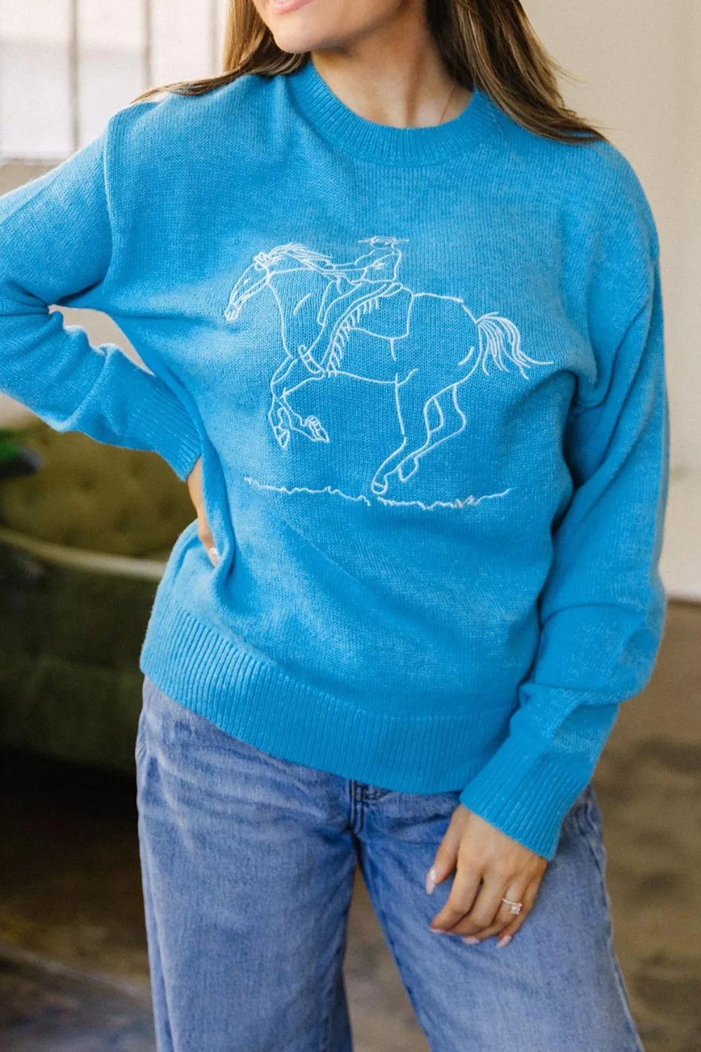 Western Embroidery Drop Shoulder Sweater