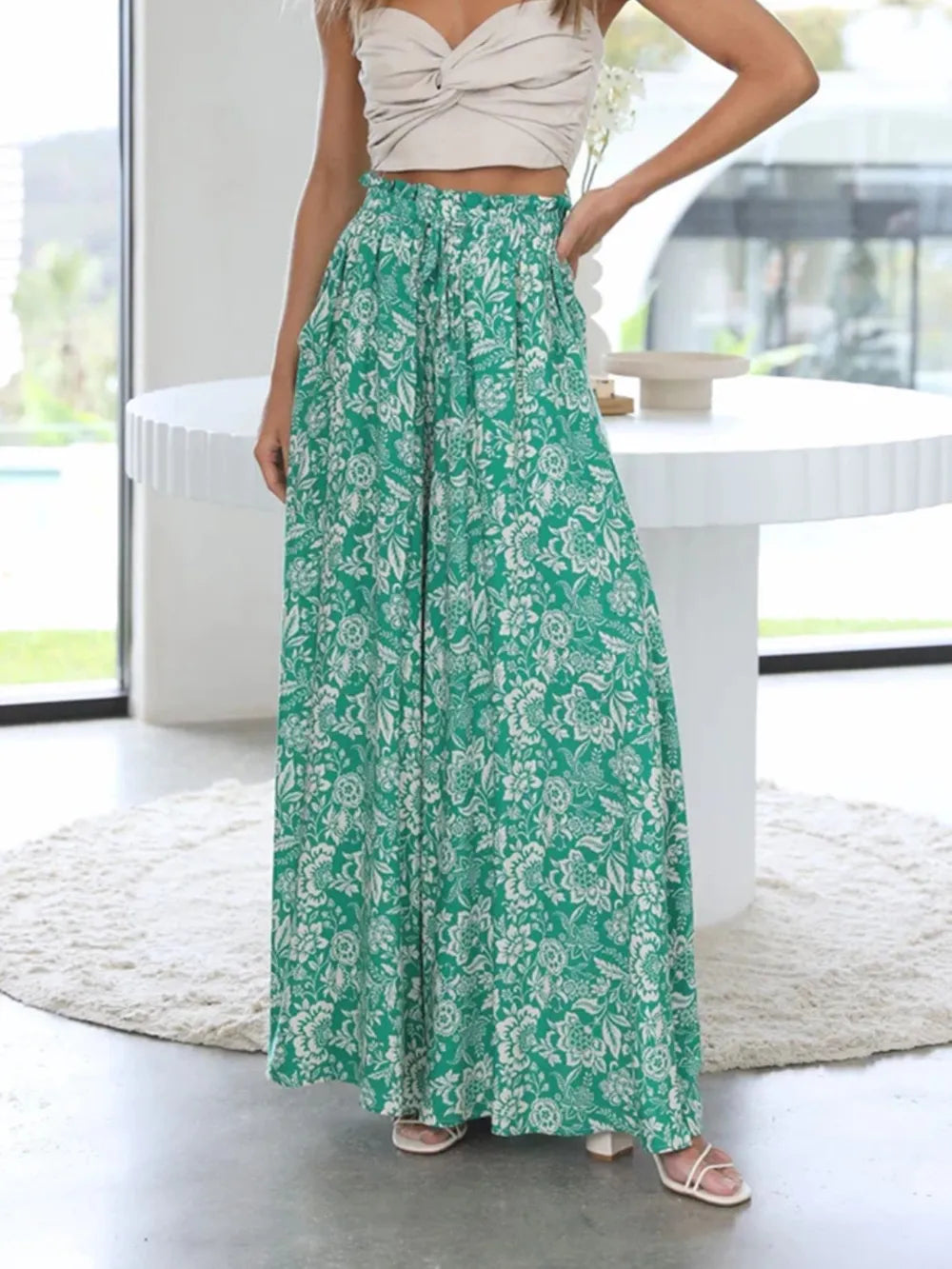 Drawstring Paperbag Waist Printed Wide Leg Pants