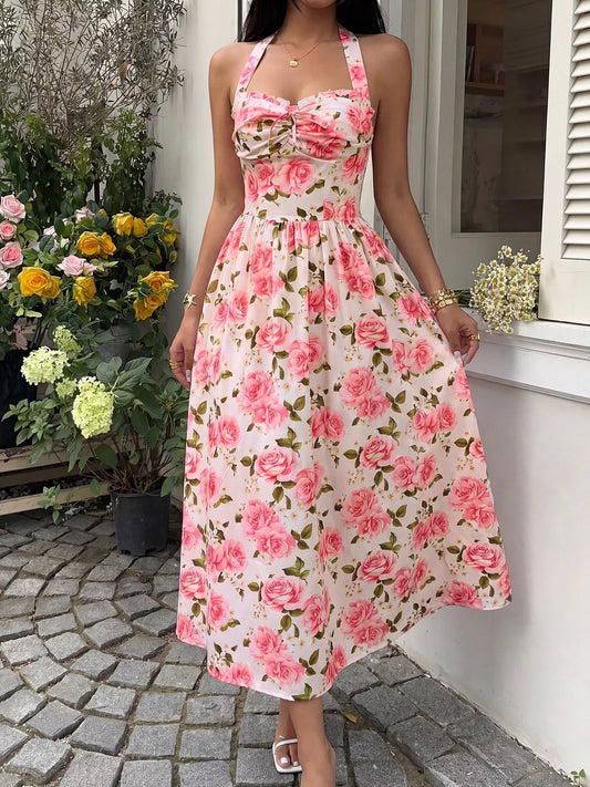 Floral Print Halter Neck Midi Dress