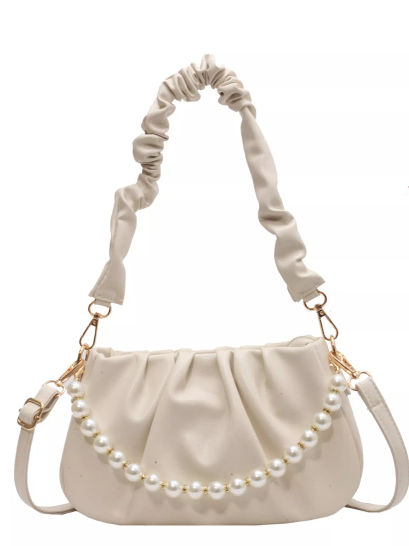 Ruched Shoulder Bag with Pearl Embellishment